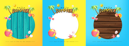 Summer promotion poster banner set with summer tropical beach vibes background and copy spaceのイラスト素材