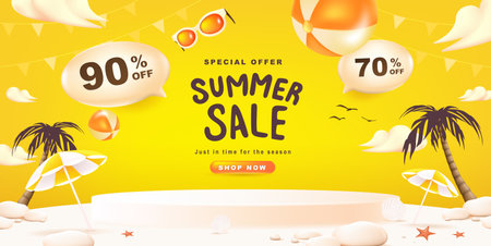 Summer sale banner poster with podium display and summer beach sunset scene design backgroundのイラスト素材