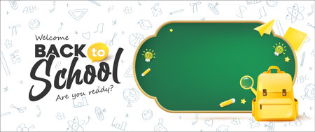 back to school banner on white background layout decorate with chalkboard school supplies and hand drawn iconのイラスト素材