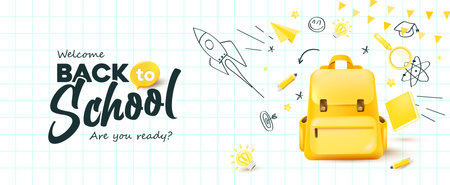 back to school banner on lined paper background layout decorate with school supplies and hand drawn iconのイラスト素材