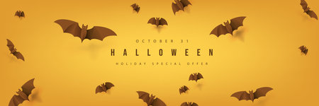 Happy Halloween banner template with flock of bats flying on orange backgroundのイラスト素材