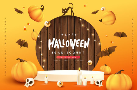 Happy Halloween banner background with product display wooden board sign and pumpkins Festive Elements Halloween&#xD;&#xA;のイラスト素材
