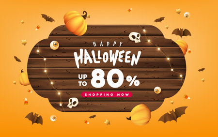 Happy Halloween sale banner or party invitation background with wooden board sign and pumpkins Festive Elements Halloween
のイラスト素材