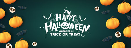 Happy Halloween poster banner night scene with halloween pumpkin smiley face and festive decoration for Trick or Treat Celebrations, Holiday Parties.のイラスト素材