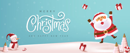 Merry christmas and happy new year greeting card with cute funny Santa Claus and Cute snowman standing in winter christmas landscape snow fallingのイラスト素材