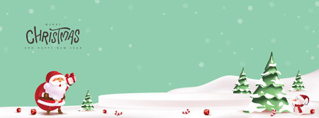 Merry christmas and happy new year greeting card with snow product display cylindrical shape copy-space and cute funny Santa Claus character in winter christmas landscape snow fallingのイラスト素材