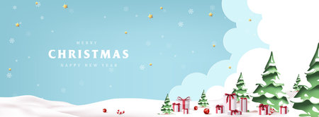 Merry christmas greeting card banner with winter christmas landscape snow fallingのイラスト素材