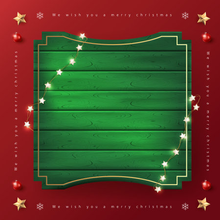 Merry Christmas sign banner green wood frame with empty space and festive decoration on red backgroundのイラスト素材