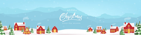 Merry christmas and happy new year greeting card banner background with winter christmas landscape snow falling at red village in forest among mountainsのイラスト素材