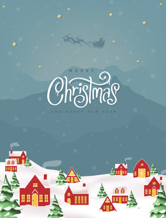 Merry Christmas and happy new year greeting card banner background with night scene winter christmas landscape snow falling and santa claus delivery gift at red village in forest among mountainsのイラスト素材