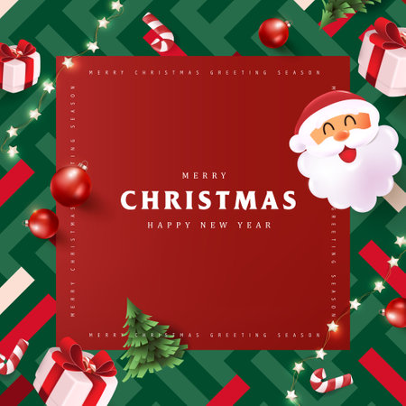 Merry Christmas and happy new year sign banner frame with festive decoration and happy santa clausのイラスト素材