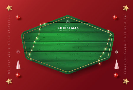 Merry Christmas sign banner green wood frame with empty space and festive decoration on red backgroundのイラスト素材