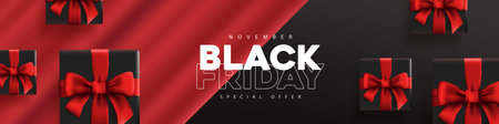 Black friday sale banner layout design template with black gift box red bow decorate on red silk. Advertising Poster design Black friday campaign.のイラスト素材