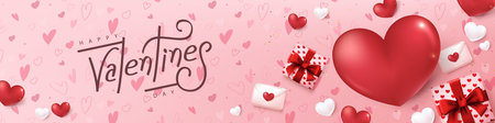 Valentines day banner card background with festive heart shaped and gift decoration frame and calligraphy of valentines dayのイラスト素材