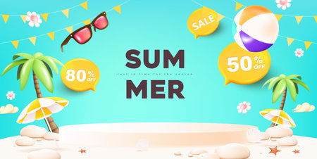 Summer sale banner poster with podium display and summer beach scene design backgroundのイラスト素材