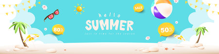 Summer web banner poster with summer beach scene design backgroundのイラスト素材