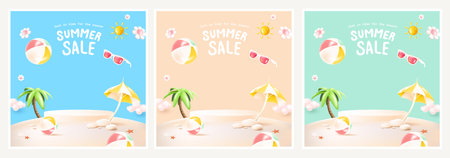 Set of 3 cute summer sale beach banners in pastel blue, peach, and mint green backgrounds. Includes tropical elements like beach balls, sunglasses, palm trees, and umbrellas in 3D cartoon style. Perfect for seasonal promotions and product display.
のイラスト素材