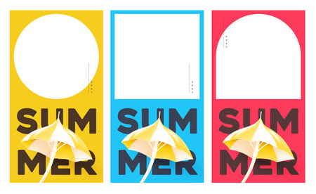 Modern minimalist summer poster set featuring yellow beach umbrella illustrations with bold "SUMMER" typography on colorful backgrounds. Perfect for seasonal promotions, holiday sales, and stylish summer advertising.のイラスト素材