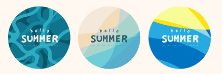 Set of minimalist summer posters with abstract shapes in round frames. Soft tones and layered designs make it perfect for seasonal ads, web, and creative layout backgrounds.のイラスト素材