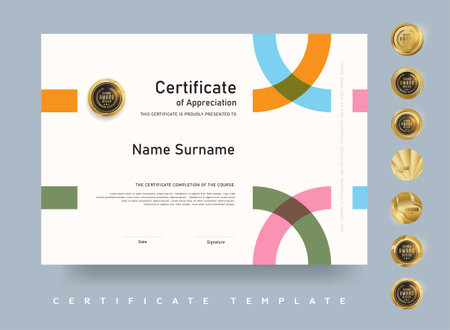 Modern certificate template featuring colorful geometric curves and gold badge ideal for education training or creative award presentationsのイラスト素材