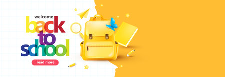 Bright back to school banner with yellow background backpack school items and copy space for promotional or educational useのイラスト素材