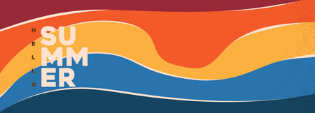 Colorful abstract summer header banner with layered wave shapes and textured beach background in warm gradient tonesのイラスト素材