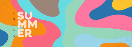 Fun abstract summer header banner with colorful organic shapes and playful curves perfect for seasonal promotion and tropical themed designのイラスト素材