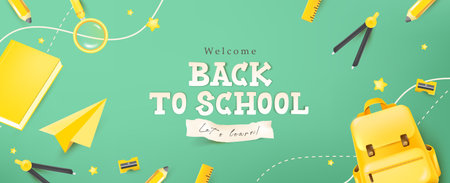 Colorful poster design with back to school text yellow backpack school supplies and green background for education and student promotionのイラスト素材