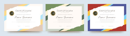Creative certificate template for appreciation with colorful torn paper style border and golden badge on clean layoutのイラスト素材