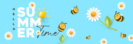 Cute summer banner with bees flying around white daisy flowers and a glowing sun on blue backgroundのイラスト素材