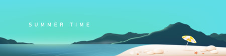Landscape summer beach scene banner background with sea mountain sky and sun umbrella in clean modern styleのイラスト素材