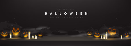 Dark Halloween banner with glowing jack o lanterns, fog and candlelight on black background for spooky seasonal designのイラスト素材