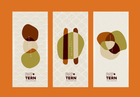 Minimalist Japanese packaging design with abstract organic shapes and traditional patterns in earthy colors suitable for print and brandingのイラスト素材