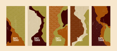 Japanese abstract packaging backgrounds with earthy tones and traditional wave patterns suitable for print and branding usesのイラスト素材