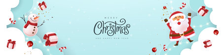 Christmas greeting card banner background template with Merry Christmas calligraphy and Cute Santa Claus snowman gift boxes and candy canes on blue cloud backgroundのイラスト素材
