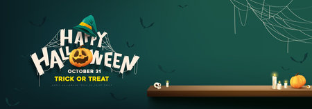 Halloween banner with jack o lantern, witch hat, wooden table, candles, bats and decorative typography for seasonal promotionのイラスト素材