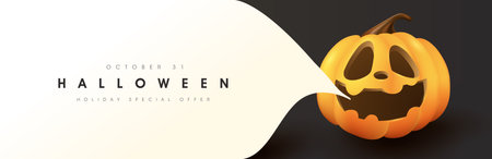 Minimal Halloween banner with jack o lantern talking pumpkin design and large empty copy space for promotion or advertisementのイラスト素材