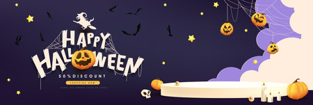 Halloween promotion banner with pumpkins, hanging jack o lanterns, stage display, candles and empty copy space on purple night backgroundのイラスト素材