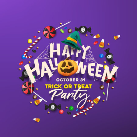 Halloween party poster with pumpkin, witch hat, candy, lollipops and decorative typography on purple background for trick or treat celebrationのイラスト素材