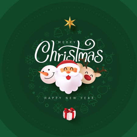 Cute Santa Claus snowman and reindeer face cartoon with Merry Christmas text on green background for holiday greeting card or new year celebrationのイラスト素材