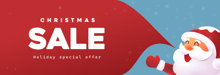 Cute Santa Claus joyfully announces a Christmas sale using a red speech bubble on a snowy background perfect for festive promotions and holiday shoppingのイラスト素材