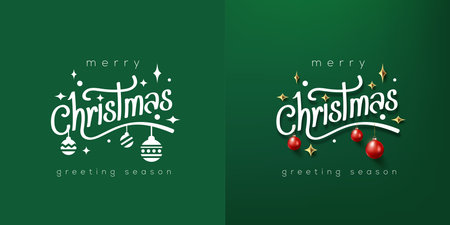 Christmas holiday greeting banner card typography in two styles flat and 3D with ornaments and festive sparkles on green backgroundのイラスト素材