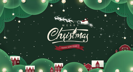 Christmas banner background with festive village winter scene Santa sleigh snow and decorative elements for holiday greetings and seasonal promotionsのイラスト素材