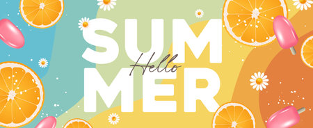 Colorful summer header banner with orange slices  flowers abstract background for beach party  or...
