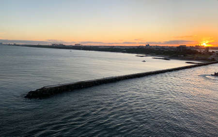 view from the top of the ship at sunsetの写真素材