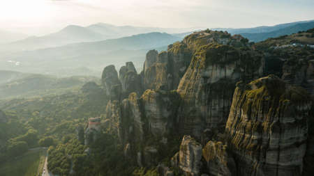 Mystical sunset on rocks of Meteora, Greeceの写真素材