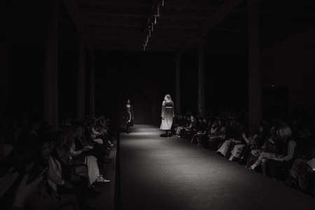 ASTRAKHAN RUSSIA - NOVEMBER 01, 2019. Caspian Fashion Week.A woman model walks the red...