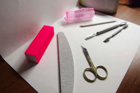 Accessories and supplies for manicure close-up on a white background.manicure setの写真素材