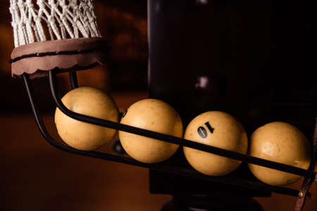 Balls in the pool pocket.Clogged billiard balls in the pocket.の写真素材