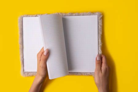 Hand hold notebook empty spread on yellow background,top view. Woman holds open blank notebook in her handsの写真素材